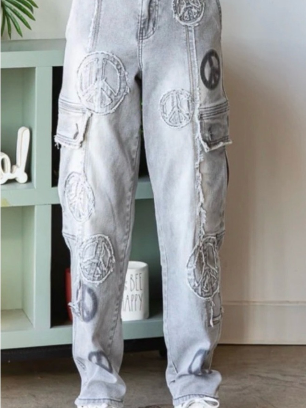 #1518 Light Gray Peace Sign Cargo Jeans